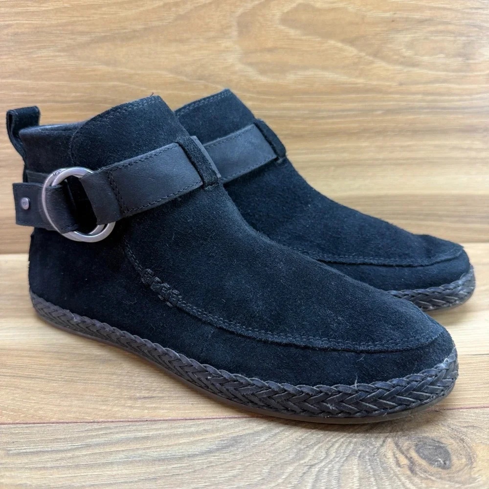 UGG Sloane Double Ring Ankle Boots Womens 7.5 Black Suede Braided Zipper